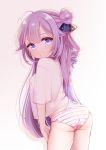  1girl ass azur_lane bangs black_ribbon blue_eyes blush breasts brown_background commentary_request eyebrows_visible_through_hair gradient gradient_background hair_between_eyes hair_bun hair_ribbon leaning_forward long_hair looking_at_viewer looking_to_the_side maeha no_pants one_side_up panties purple_hair ribbon ringlets see-through shirt short_sleeves side_bun small_breasts solo striped striped_panties underwear unicorn_(azur_lane) very_long_hair white_background white_shirt 