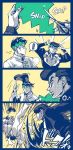  ! 2boys 4koma anger_vein boots coffee comic diamond_wa_kudakenai fighting footwear_on_head higashikata_jousuke imitating jojo_no_kimyou_na_bouken kishibe_rohan male_focus multiple_boys pompadour scissors 