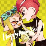  1boy 1girl :d black_eyes blonde_hair checkered checkered_background domino_mask eyewear_on_head fangs happy_new_year inkling long_hair long_sleeves looking_at_another mask miyashiro mohawk navel new_year octarian octoling open_mouth orange_eyes pointy_ears red_hair short_hair single_sleeve smile splatoon splatoon_(series) splatoon_2 splatoon_2:_octo_expansion squidbeak_splatoon tentacle_hair twitter_username vest yellow_tongue yellow_vest 