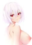  1girl areolae azur_lane breasts hair_between_eyes large_breasts looking_at_viewer looking_back nipples nude red_eyes shito_zhizhen short_hair simple_background sirius_(azur_lane) smile solo upper_body white_background white_hair 