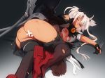  1girl areolae ass black_gloves black_legwear breasts broken_eyewear brown_eyes censored dark_skin eyebrows_visible_through_hair eyewear_removed feguimel garter_straps glasses gloves gradient gradient_background kantai_collection large_breasts long_hair lying musashi_(kantai_collection) nipples no_panties on_side one_eye_closed parted_lips partly_fingerless_gloves remodel_(kantai_collection) rigging rudder_footwear sakuramon sarashi simple_background skindentation solo teardrop thighhighs torn_clothes torn_legwear torn_sarashi turret white_hair wince 