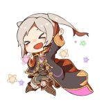  &gt;_&lt; 1girl arm_up chibi female_my_unit_(fire_emblem:_kakusei) fire_emblem fire_emblem:_kakusei long_sleeves my_unit_(fire_emblem:_kakusei) nintendo open_mouth robe shunrai simple_background solo twintails white_background white_hair 