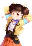  1girl amicis_(amisic) arms_behind_head bangs blunt_bangs brown_eyes brown_hair eyebrows_visible_through_hair hair_ribbon hakama japanese_clothes kimono koutetsujou_no_kabaneri long_sleeves looking_at_viewer mouth_hold mumei_(kabaneri) orange_hakama ribbon short_hair short_twintails simple_background solo twintails white_background white_kimono yellow_ribbon 