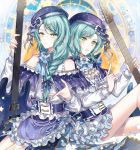  2girls alternate_hairstyle aqua_hair bang_dream! beret blue_bow blue_dress blue_hat blue_neckwear bow braid brooch center_frills constellation_hair_ornament constellation_print corset dress earrings electric_guitar frilled_dress frills frown green_eyes guitar hair_bow hair_over_shoulder hat hat_bow hikawa_hina hikawa_sayo index_finger_raised instrument jewelry long_hair long_sleeves looking_at_viewer multiple_girls neck_ribbon nennen parted_lips ribbon short_hair shoulder_cutout siblings single_braid sisters star twin_braids twins 