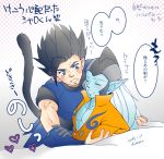  2boys black_hair blue_armor dragon_ball dragon_ball_legends green_skin male_focus monkey_tail multiple_boys pointy_ears shallot_(dragon_ball) tail white_hair zahha 