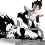  armor damage db_ciel fighting highres monkey_tail monochrome shallot_(dragon_ball) tail vegeta 