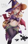  1girl alena_(dq4) alternate_legwear blush breasts cape cleavage commentary_request curly_hair dragon_quest dragon_quest_iv gloves halloween hat highres long_hair looking_at_viewer open_mouth orange_hair pantyhose simple_background solo tokuhonnti_ru 