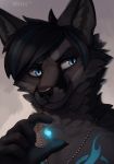  2017 5_fingers anthro anthro_canid anthro_canine black_hair black_nose blue_eyes blue_hair canid canine claws digital_media_(artwork) energy_ball eyebrows fox fur gradient_background grey_fur hair hi_res inner_ear_fluff itswolven jewelry mammal neck_tuft necklace portrait simple_background solo stolenmadwolf tuft 