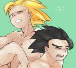  black_hair blonde_hair blue_eyes dragon_ball dragon_ball_legends male_focus nude shallot_(dragon_ball) super_saiyan sweat 