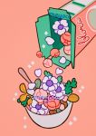  artist_name bowl cereal_box flower heart leaf meyoco no_humans original petals pink_background pink_flower simple_background sparkle spoon white_flower 