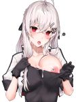 1girl anparu areolae bangs barcode black_gloves black_shirt blush breasts commentary cropped_jacket crossed_bangs cum cum_in_mouth cum_on_body cum_on_upper_body eyebrows_visible_through_hair girls_frontline gloves hair_between_eyes hair_ornament hair_ribbon hairclip iws-2000_(girls_frontline) long_hair looking_at_viewer military military_uniform nipples open_mouth red_eyes ribbon shirt shirt_pull sidelocks silver_hair simple_background solo squiggle uniform upper_body white_background 