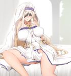  1girl bed_sheet blindfold blonde_hair blush breasts breasts_apart dress ginhaha goblin_slayer! groin highres jewelry large_breasts long_hair necklace no_panties on_bed paid_reward parted_lips patreon_reward pubic_hair sitting solo sword_maiden 