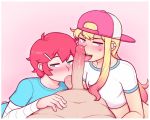  3boys blonde_hair blush dross eyebrows green_eyes hat jade_(dross) jamie_(dross) long_hair multiple_boys open_mouth penis pink_eyes pink_hair shirt short_hair teeth testicles tongue tongue_out trap yaoi 