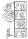  bangs bbb_(friskuser) breasts comic eyebrows_visible_through_hair girls_und_panzer glasses greyscale highres kawashima_momo looking_at_viewer monochrome nishizumi_maho nishizumi_miho open_mouth outstretched_hand socks standing translation_request 