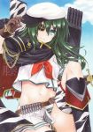  1girl black_cape black_footwear boots brown_gloves cape crop_top eyepatch floating_hair fujiwara_minaho gloves green_eyes green_hair groin hair_between_eyes hat holding holding_sword holding_weapon kantai_collection kiso_(kantai_collection) knee_boots leg_up long_hair looking_at_viewer marker_(medium) midriff miniskirt navel neckerchief peaked_cap pleated_skirt red_neckwear school_uniform sheath sheathed shiny shiny_hair shiny_skin shirt skirt smile solo stomach sword traditional_media watermark weapon white_hat white_shirt white_skirt 