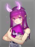  1girl bangs bare_shoulders black_hairband blunt_bangs blush bright_pupils closed_mouth clothes_writing colored_eyelashes commentary eyebrows_visible_through_hair facial_mark fake_horns glowing grey_background hairband holding inkling long_hair looking_at_viewer pointy_ears purple_eyes purple_hair simple_background smile solo sparkle splatoon splatoon_(series) splatoon_2 straight_hair strap_slip stuffed_toy tank_top ten_cws upper_body 
