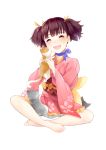  1girl :d amicis_(amisic) barefoot blue_ribbon brown_hair cat cherry_blossom_print choker eyes_closed feet floral_print hair_ribbon highres holding holding_cat indian_style japanese_clothes kimono koutetsujou_no_kabaneri long_sleeves mumei_(kabaneri) open_mouth pink_kimono print_kimono ribbon ribbon_choker short_hair short_kimono short_twintails simple_background sitting smile solo twintails white_background wide_sleeves yellow_ribbon 