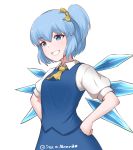  1girl artist_name blue_eyes blue_hair bow cirno collared_shirt cosplay daiyousei daiyousei_(cosplay) disco_brando eyebrows_visible_through_hair grin hair_bow hands_on_hips highres looking_away parted_lips puffy_short_sleeves puffy_sleeves shirt short_sleeves smile solo teeth touhou twitter_username upper_body white_shirt yellow_bow 
