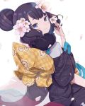  1girl bangs black_hair blue_eyes blush commentary_request dot_nose dress eyebrows_visible_through_hair fate/grand_order fate_(series) flower hair_flower hair_ornament japanese_clothes katsushika_hokusai_(fate/grand_order) kimono looking_at_viewer short_hair simple_background smile solo totatokeke white_background white_flower 