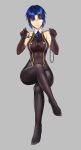  axia-chan bare_shoulders barefoot black_leotard blue_eyes blue_hair bodystocking breasts chains ciel collar dominatrix glasses gloves highres hip_focus large_breasts leash legs_crossed leotard mini_necktie navel pantyhose shiny shiny_clothes smile thighs tsukihime 