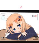  ! 1girl abigail_williams_(fate/grand_order) atsumisu bangs black_bow black_dress blonde_hair blue_eyes blush bow commentary_request dress drooling eyebrows_visible_through_hair fate/grand_order fate_(series) fingernails forehead hair_bow head_rest highres long_hair long_sleeves no_hat no_headwear orange_bow parted_bangs parted_lips recording saliva sleeves_past_wrists solo very_long_hair viewfinder 