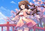  bow brown_eyes brown_hair cherry_blossoms clouds dress eskimofox idolmaster idolmaster_cinderella_girls long_hair necklace petals ponytail shimamura_uzuki sky tree 