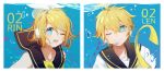  +_+ 1boy 1girl ;) ;d absurdres air_bubble bare_shoulders blonde_hair brother_and_sister bubble character_name chi_ya close-up commentary_request eyebrows_visible_through_hair face hair_ornament hair_ribbon hairclip headset highres kagamine_len kagamine_rin looking_at_viewer number one_eye_closed open_mouth ribbon sailor_collar short_hair siblings smile submerged symbol_commentary twins underwater upper_body upper_teeth vocaloid water white_ribbon 