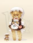  4_fingers anthro brown_fur brown_hair canid canine canis clothed clothing domestic_dog female frown fur hair hat kemono long_hair maid_uniform mammal red_eyes sankuma simple_background solo standing tan_background uniform 