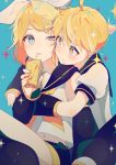  1boy 1girl asphyxiation blonde_hair blue_background blue_eyes blush box brother_and_sister cheek-to-cheek chin_rest detached_sleeves drinking drinking_straw drowning fingernails frown hair_ornament hair_ribbon hairclip holding holding_box juice_box kagamine_len kagamine_rin looking_at_another musical_note nail_polish navel nervous puffy_short_sleeves puffy_sleeves ribbon sailor_collar saliva shirt short_hair short_sleeves siblings simple_background sparkle sparkle_background sparkling_eyes sweatdrop treble_clef twins vocaloid white_shirt yellow_nails yellow_ribbon yuno_tsuitta 