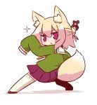  1girl animal_ear_fluff animal_ears bangs blonde_hair blush brown_footwear commentary_request eyebrows_visible_through_hair fox_ears fox_girl fox_tail full_body green_shirt hair_between_eyes hair_bun hair_ornament hand_up highres kemomimi-chan_(naga_u) long_sleeves naga_u orange_neckwear original parted_lips pleated_skirt purple_skirt red_eyes ribbon-trimmed_legwear ribbon_trim sailor_collar shadow shirt sidelocks skirt sleeves_past_fingers sleeves_past_wrists solo sparkle standing tail tail_raised thighhighs v-shaped_eyebrows white_background white_legwear white_sailor_collar 