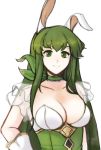  1girl animal_ears breasts bunny_ears choker cleavage closed_mouth fake_animal_ears fire_emblem fire_emblem:_monshou_no_nazo fire_emblem_heroes frilled_choker frills gloves green_eyes green_hair highres long_hair medium_breasts nintendo paola simple_background smile solo tridisart upper_body white_background white_gloves 