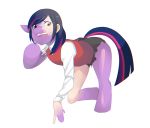  all_fours clothing friendship_is_magic fur hair hi_res hooves menma911 multicolored_hair my_little_pony purple_fur purple_skin shiny snout tf_into_fictional_character torn_clothing transformation twilight_sparkle_(mlp) 