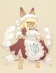  3_toes 4_fingers anthro big_breasts blonde_hair breasts brown_fur canid canine clothing clothing_lift female fur hair headwear kemono long_hair looking_at_viewer maid_uniform mammal sankuma solo standing toes uniform yellow_eyes 