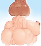  1girl anus areolae ass back breasts brown_hair erect_nipples fat_mons female gigantic_breasts glo-s-s highres hips huge_ass lying nipple_piercing nipples nude piercing plump pussy shiny short_hair simple_background thick_thighs thighs uncensored wide_hips 