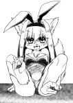  3_toes animal_humanoid anthro black_and_white breasts camel_toe clothed clothing domestic_cat feet felid feline felis female hair humanoid kemono lagomorph lagomorph_humanoid long_hair looking_at_viewer mammal monochrome rabbit_humanoid sitting solo tanu-tan toes 