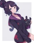  1girl alternate_costume animal bangs black_hoodie blue_eyes blush breasts cleavage collarbone commentary_request eyebrows_visible_through_hair fate/grand_order fate_(series) hair_ornament holding hood hoodie katsushika_hokusai_(fate/grand_order) long_sleeves looking_at_viewer medium_breasts short_hair simple_background sleeves_past_fingers sleeves_past_wrists solo totatokeke white_background 