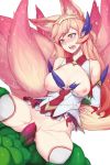  1girl ahri animal_ears arms_behind_back bare_shoulders blue_eyes blush bottomless breasts breasts_outside eyebrows eyebrows_visible_through_hair fangs fox_ears fox_tail hairband highres league_of_legends long_hair looking_down medium_breasts multiple_tails nipples open_mouth penis pink_hair pussy simple_background smile solo star_guardian_(league_of_legends) star_guardian_ahri tail torn_clothes uncensored white_background yanje 