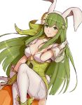  1girl animal_ears breasts bunny_ears bunny_tail cleavage closed_mouth fake_animal_ears fake_tail fire_emblem fire_emblem:_monshou_no_nazo fire_emblem_heroes flower gloves gonzarez green_eyes green_hair hair_flower hair_ornament highres long_hair medium_breasts nintendo pantyhose paola simple_background smile solo tail white_background white_gloves white_legwear 