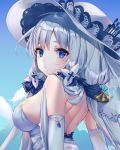  1girl azur_lane back bare_shoulders blue_eyes blue_sky blush breasts closed_mouth cloud day dress elbow_gloves eyelashes from_side gloves hair_ribbon hat highres illustrious_(azur_lane) kinty large_breasts long_hair looking_at_viewer looking_back mole mole_under_eye outdoors ribbon sapphire_(gemstone) shoulder_blades silver_hair sky sleeveless sleeveless_dress solo strapless strapless_dress sun_hat tress_ribbon upper_body white_dress white_gloves white_headwear 