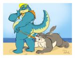  beach belly blush butt canid canine canis clothing crocodile crocodilian domestic_dog duly_noted lifeguard makara male mammal moritaka nude overweight reptile scalie seaside slightly_chubby speedo swimsuit tokyo_afterschool_summoners underwear underwear_down video_games 