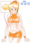  1girl absurdres bangs bare_shoulders bike_shorts biku blonde_hair blue_eyes blush breasts cleavage cleavage_cutout clenched_hands closed_mouth covered_collarbone cowboy_shot embarrassed english_text female hair_tie have_to_pee highres medium_breasts metroid navel nintendo ponytail samus_aran shiny shiny_hair simple_background skindentation solo sports_bra standing sweat tied_hair timestamp trembling urine_meter white_background 