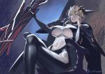  1girl artoria_pendragon_(all) artoria_pendragon_(lancer_alter) bangs blonde_hair braid breasts closed_mouth cuboon dark_persona fate/grand_order fate_(series) french_braid hair_between_eyes hand_on_own_cheek holding holding_sword holding_weapon huge_breasts legs_crossed pale_skin revealing_clothes rhongomyniad sidelocks sitting sword underboob weapon work_in_progress yellow_eyes 