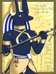  ankh anthro anubian_jackal anubis black_fur breasts canid canine canis clothing deity egyptian female fur g-sun hieroglyphics jackal mammal purple_eyes red_eyes solo staff standing thought_bubble 