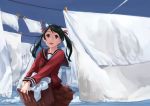  1girl basket bed_sheet black_hair blue_sky brown_sailor_collar brown_serafuku brown_skirt clothesline cloud commentary_request condensation_trail day grey_eyes kantai_collection long_hair looking_at_viewer makio_(makiomeigenbot) mikuma_(kantai_collection) outdoors pleated_skirt sailor_collar school_uniform serafuku skirt sky smile solo twintails 