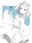  1girl alternate_costume arm_behind_back artist_name blue_sky blush bottle cloud commentary_request cowboy_shot dress hairband highres kantai_collection looking_at_viewer luigi_torelli_(kantai_collection) marble monochrome ramune short_hair sky smile solo spot_color standing ueno_(sakumogu-029) 