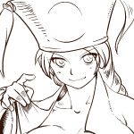  1girl blonde_hair braid breasts closed_mouth collarbone commentary_request final_fantasy final_fantasy_tactics gloves hat long_hair looking_at_viewer momigara_(mmgrkmnk) monochrome orator_(fft) simple_background solo white_background 