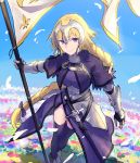  1girl armor armored_dress blonde_hair braid capelet fate/apocrypha fate/grand_order fate_(series) faulds flag gauntlets headpiece jeanne_d&#039;arc_(fate) jeanne_d&#039;arc_(fate)_(all) long_braid long_hair menma222 plackart purple_eyes single_braid smile solo standard_bearer thighhighs very_long_hair 