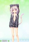  1girl ai_(wakaba_iro_no_quartet) animal_ear_fluff animal_ears artist_request bare_legs black_hoodie cat_ears cat_girl cat_tail expressionless flat_chest highres hood hood_up hoodie long_hair long_sleeves naked_hoodie official_art orange_eyes partially_unzipped silver_hair tail wakaba_iro_no_quartet 