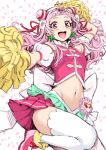  1girl :d angelo_(gomahangetsu) armpits blush confetti cowboy_shot crop_top cure_yell detached_sleeves earrings flower hair_flower hair_ornament hair_ribbon highres hugtto!_precure jewelry leg_up lipstick long_hair looking_at_viewer magical_girl makeup midriff navel nono_hana open_mouth pink_eyes pink_hair pink_skirt pom_poms precure ribbon shoes simple_background skirt smile solo thighhighs upper_teeth white_background 