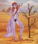  arrow bow canid canine canis desert egyptian female hairy hi_res j-lia_(artist) mammal muscular nipples nude pubes pyramid rubella_the_worgen sand solo tree weapon wolf 